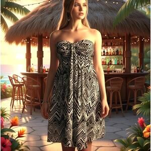 Express NWT Mini Dress Baby Doll Y2K Boho100% Silk Strapless Black/White SZ 0